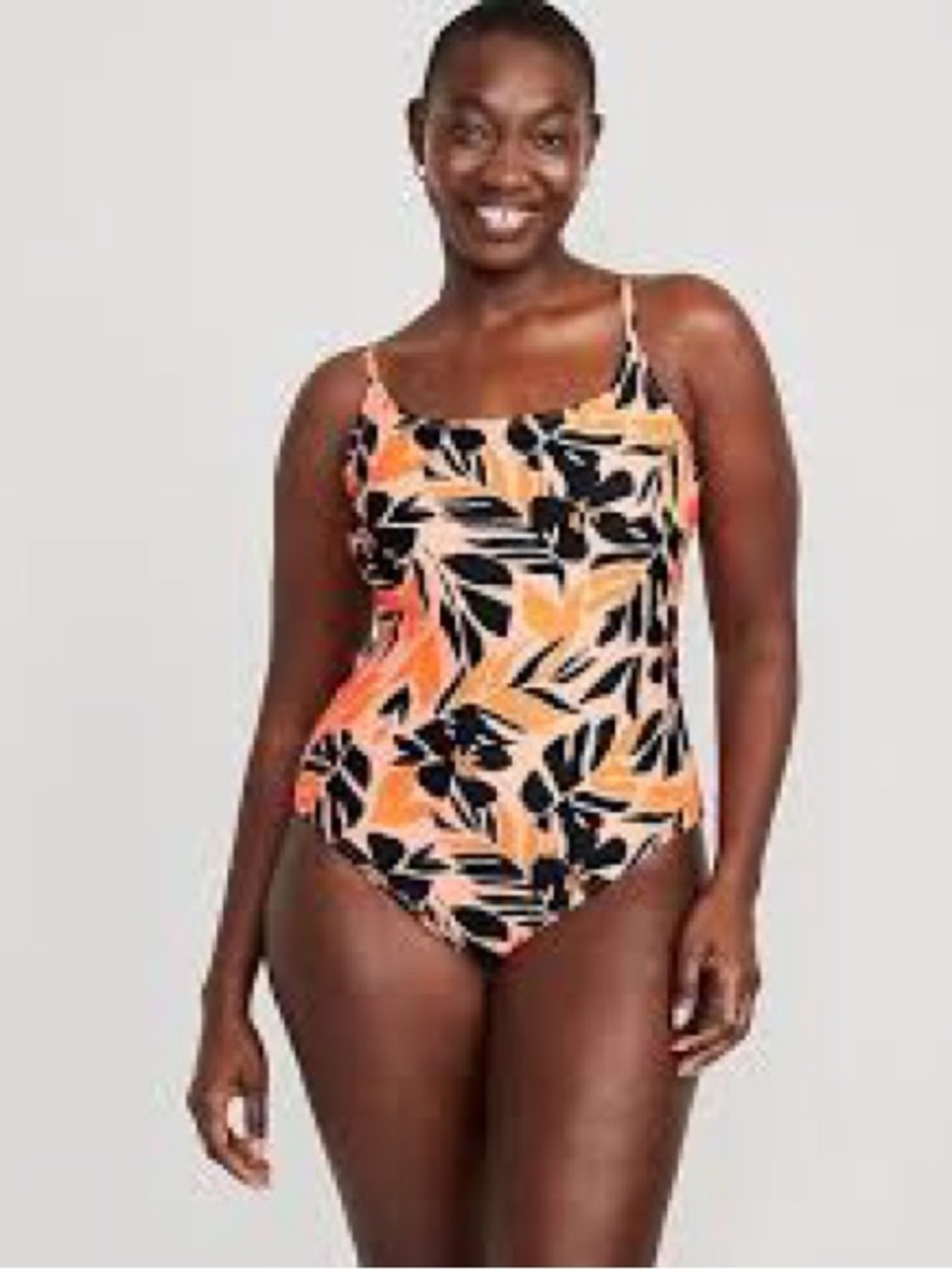 Old Navy Orange and Black Tropical Leaf One-Piece Swimsuit